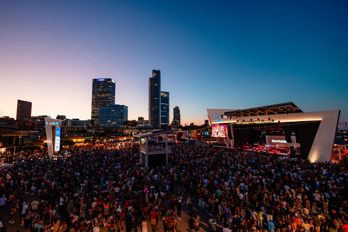 Summerfest main stage at dusk